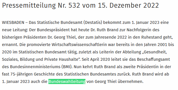 Screenshot der Pressemitteilung des Statistischen Bundesamts zur Ernennung von Ruth Brand als Präsidentin